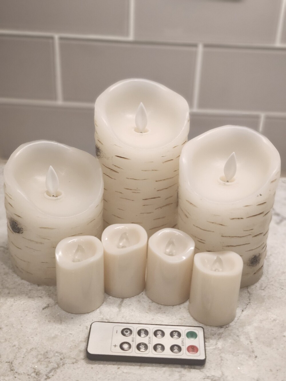 Faux Birch Wood Flameless LED & Battery Power Pilar Candles Remote Control x 7